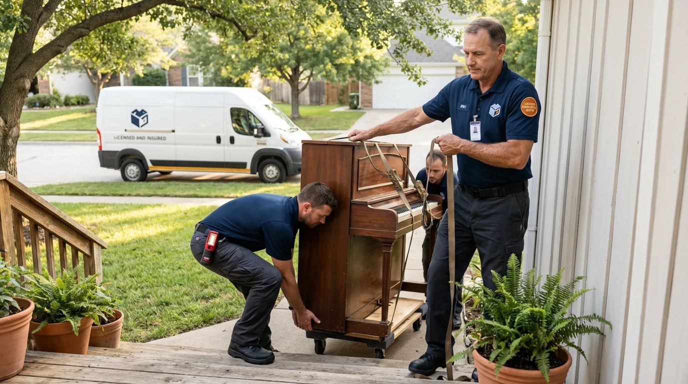 Licensed piano movers securing grand piano in Boone, NC